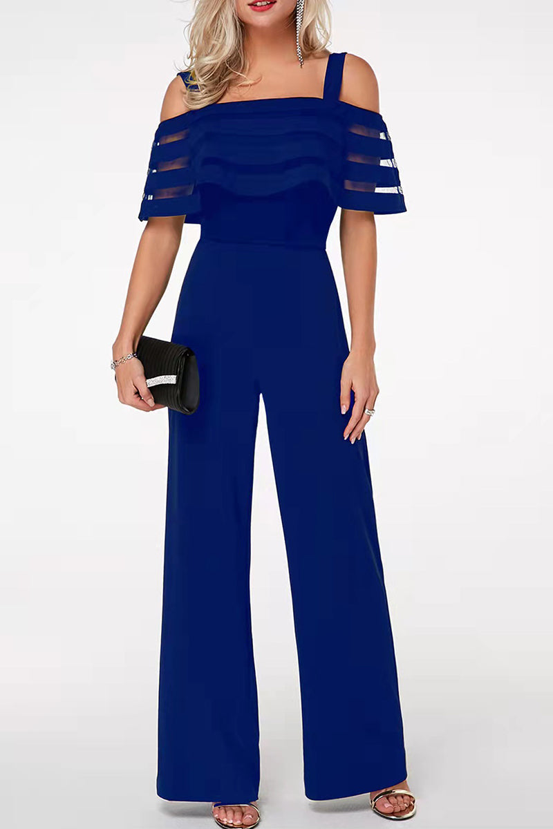 Levoire | Élégant Solide Patchwork Offshoulder Combinaisons Régulières Bleu