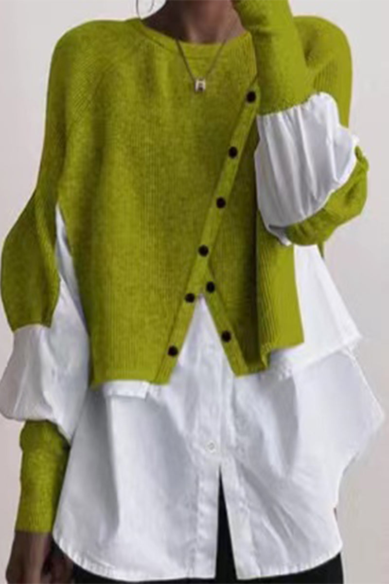 Levoire | Décontracté Solide Patchwork Boutons O-Cou Tops Jaune