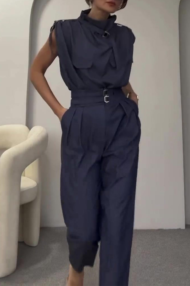 Levoire | Rue Élégante Solide Patchwork Col Roulé Jumpsuits Réguliers Bleu marine