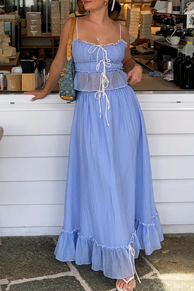 Levoire | Robe Plissée À Deux Pièces Élégante Et Douce Avec Nœud Et Décolleté En U Bleu