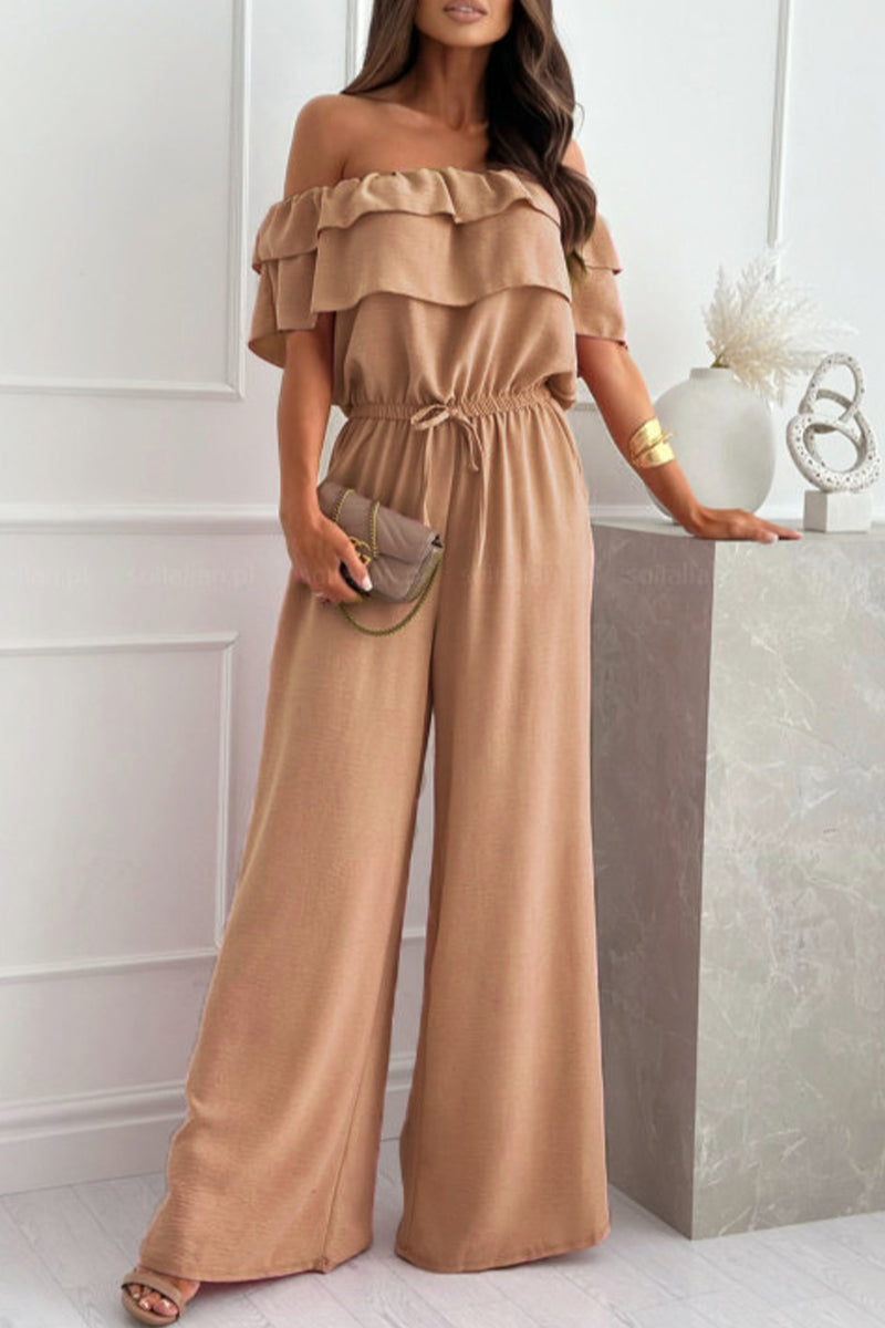 Levoire | Élégant Monochrome Volant Offshoulder Combinaisons Lâches Khaki