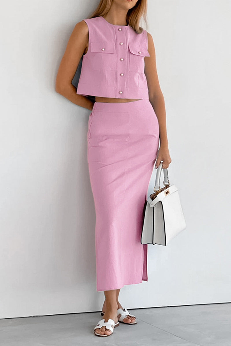 Levoire | Élégante Simplicité Boutons Solides Encolure Fendue Sans Manches Deux Pièces Rosa