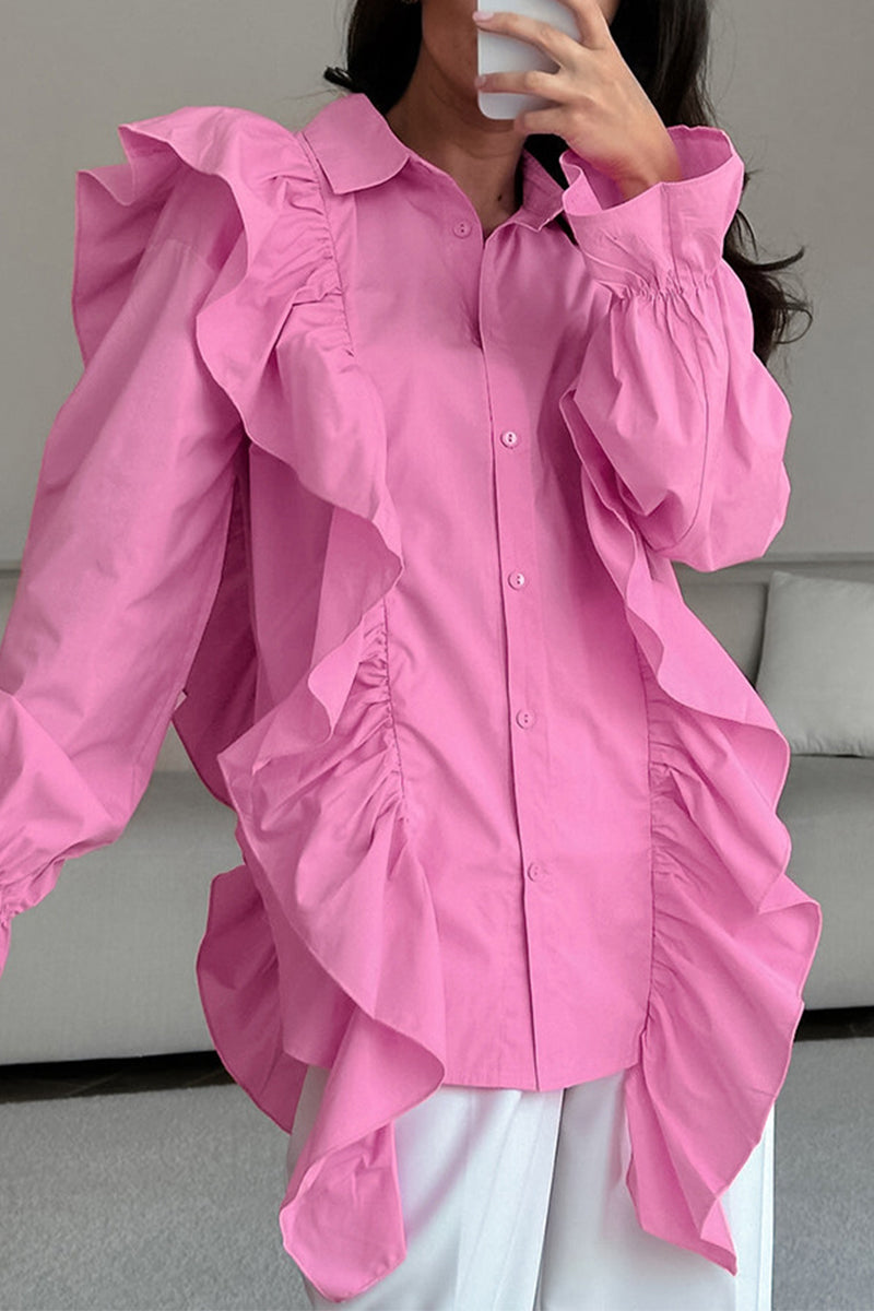 Levoire | Hauts À Col Rabattu Unicolores À Volants En Patchwork Décontractés Pour Le Quotidien Rosa