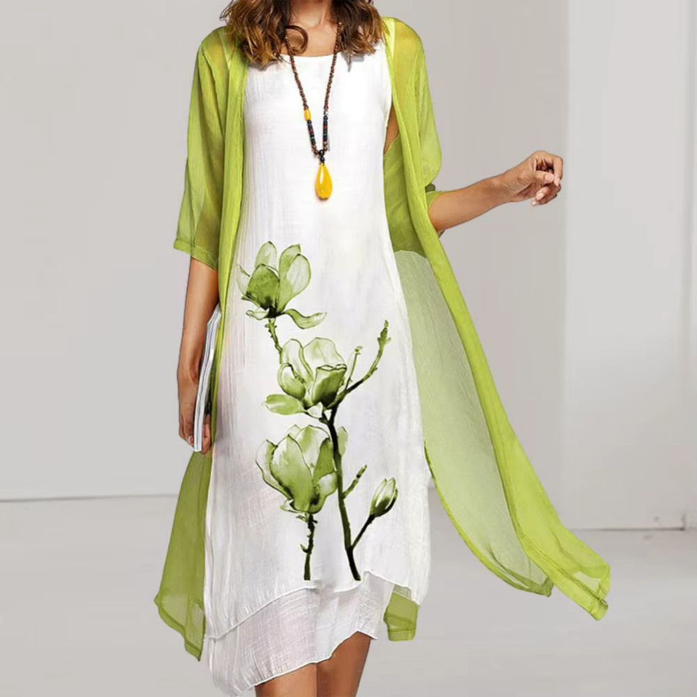 Levoire | Robe légère avec imprimé floral et kimono transparent Vert