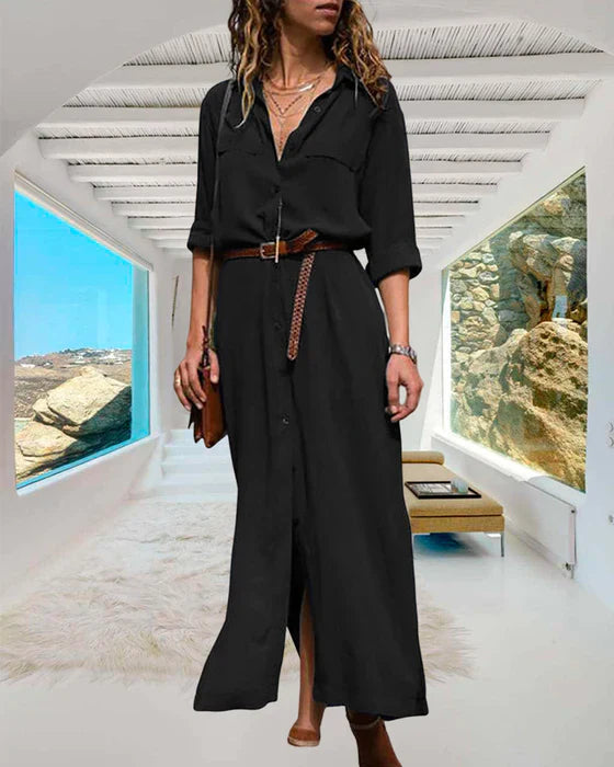 Levoire | Robe À Manches Longues Unie Avec Bouton Noir