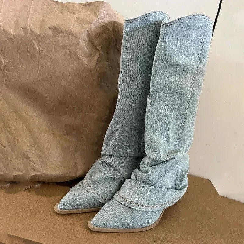 Levoire | Bottes Cowboy En Denim À Talon Haut