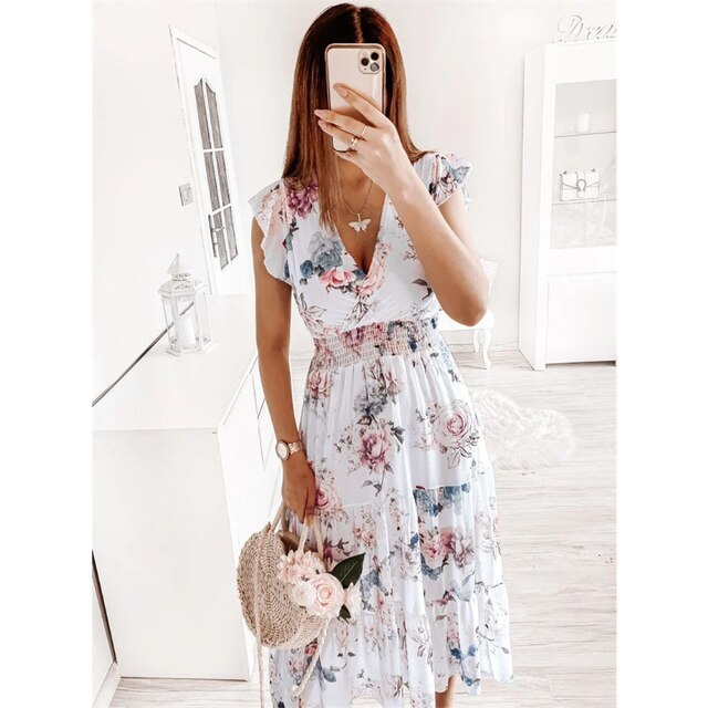 Levoire | Robe Imprimée Avec Décolleté En V Et Motif Floral Blanc