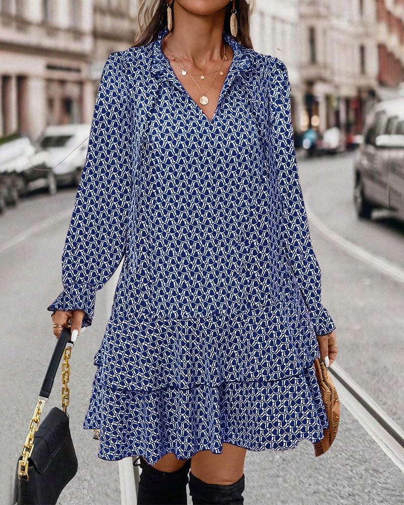 Levoire | Robe Élégante À Manches Longues Avec Imprimé Chic Bleu