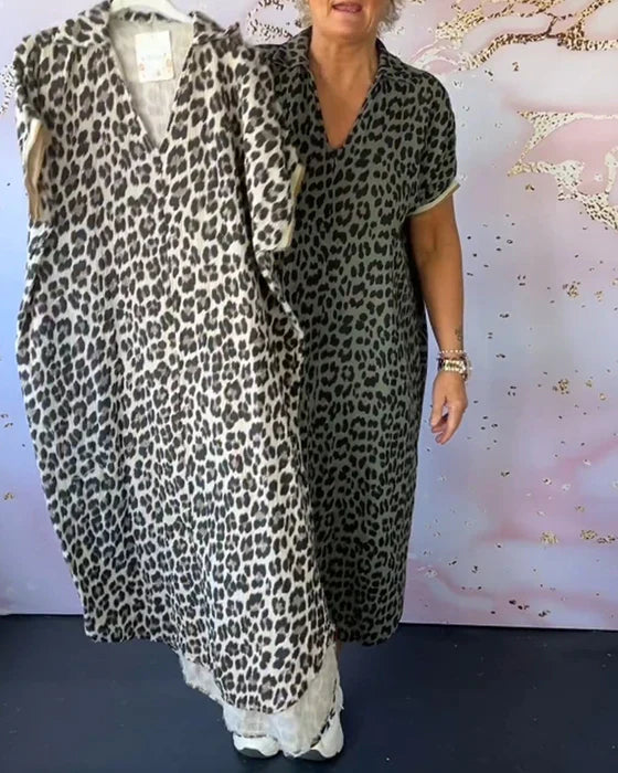 Levoire | Robe À Imprimé Léopard À Décolleté En V Avec Manches Courtes Noir