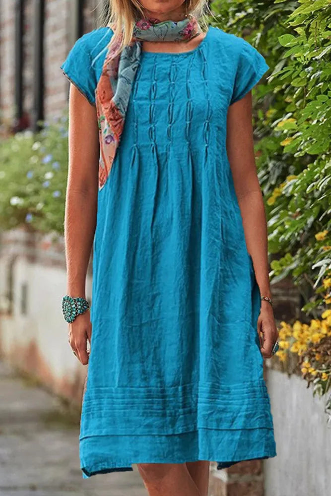 Levoire | Robe décontractée à manches courtes et col en U en patchwork uni Bleu ciel