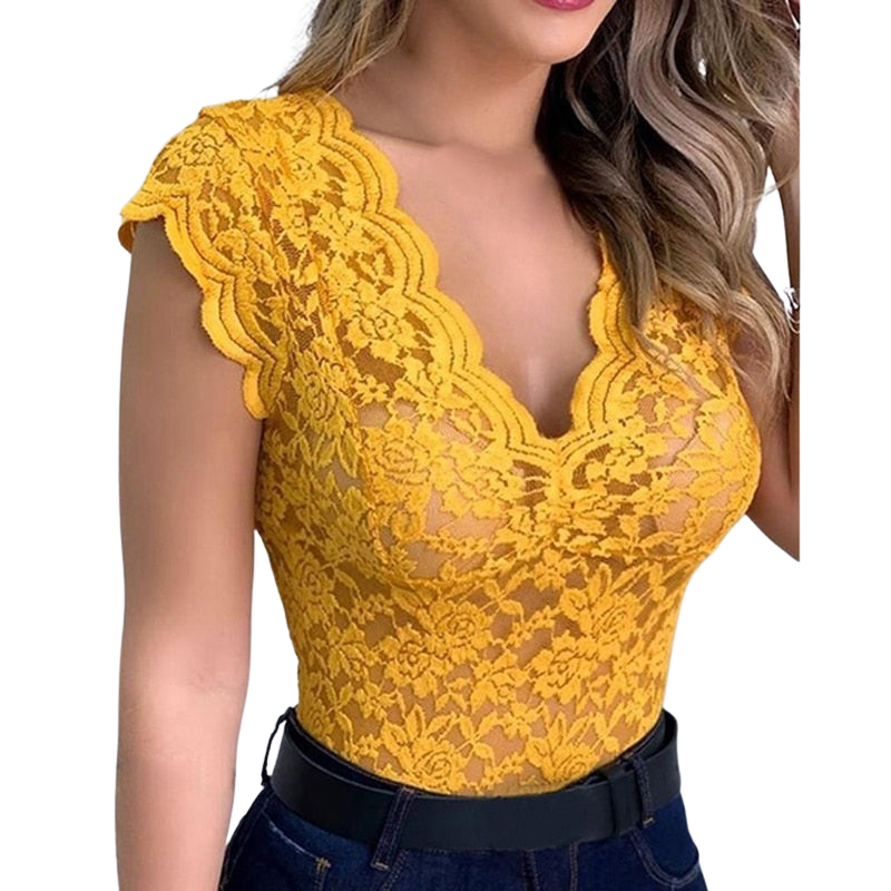 Levoire | Top Sexy Femme Top en Dentelle Élégant Détails Raffinés Jaune