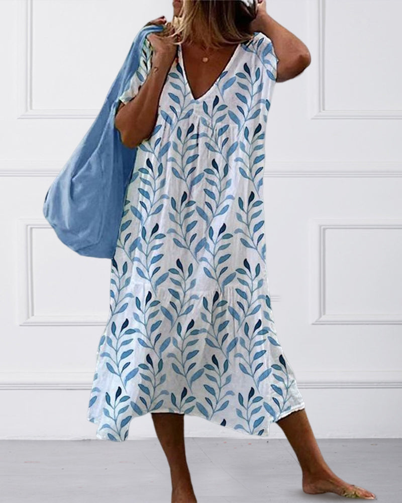 Levoire | Robe pour femme avec décolleté en V et imprimé de feuilles - Bleu