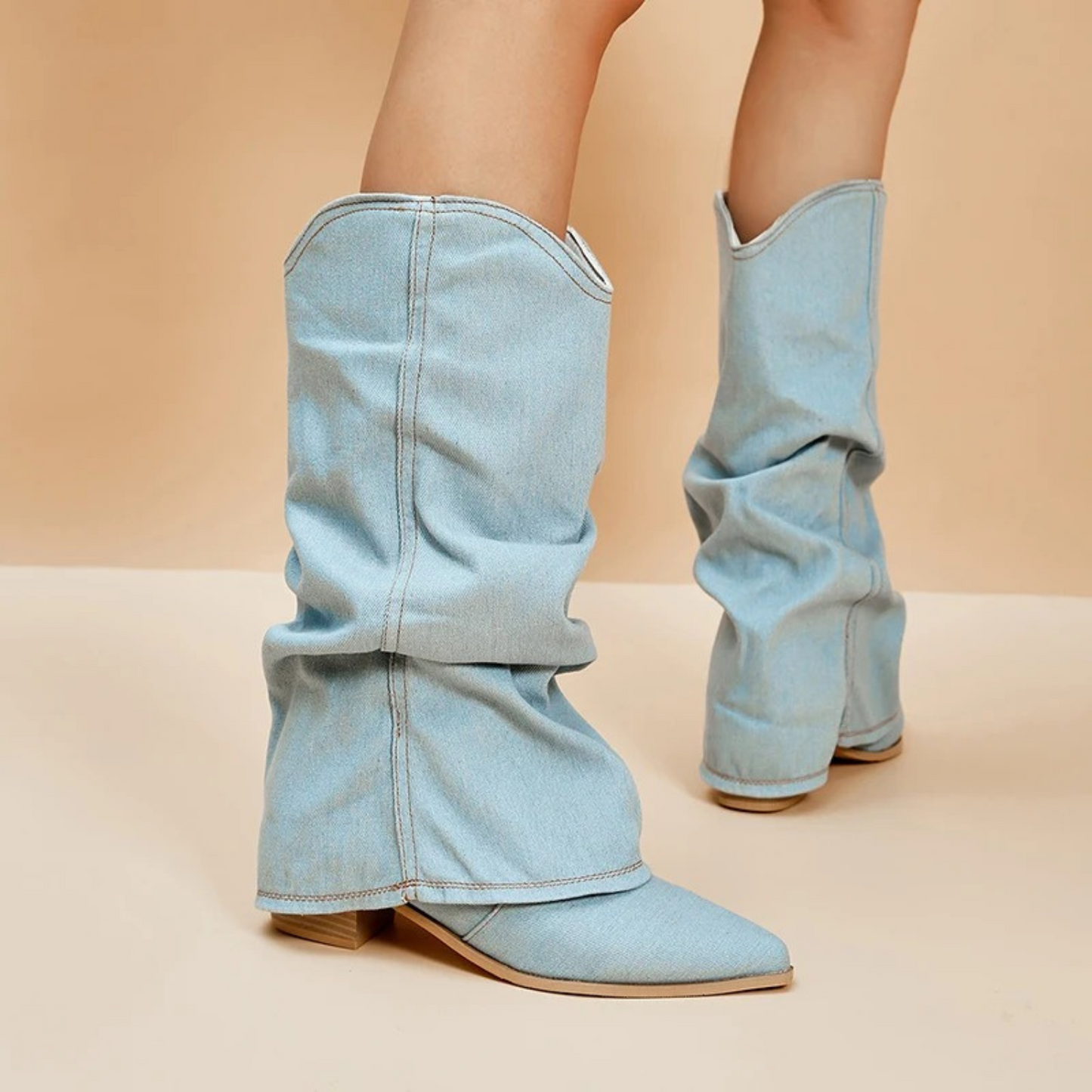 Levoire | Bottes En Denim Plissées À Talon Bloc
