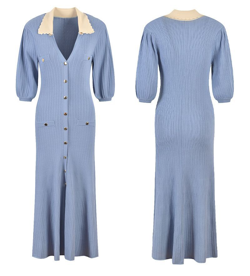Levoire | Robe Midi À Col En Tricot Bleu