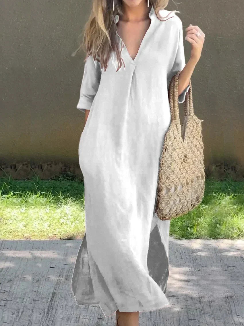 Levoire | Robe en lin à col en V de couleur unie pour femme, avec poche et col en V Blanco
