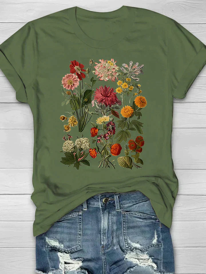 Levoire | T-shirt Femme Vintage Avec Impression De Fleurs Vert Olive Foncé