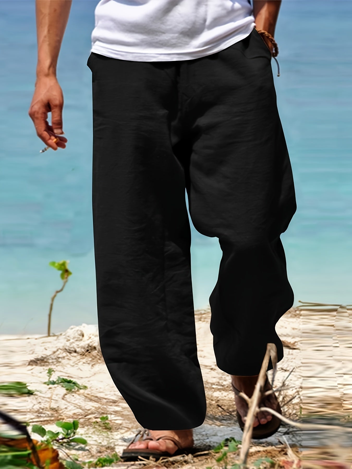 Levoire | Loisirs Coton Lin Pantalons Couleur Unie Noir