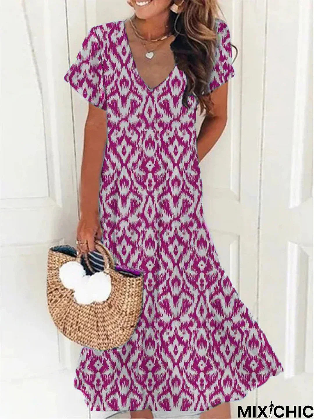 Levoire | Robes décontractées à encolure en V géométrique et manches courtes Lila