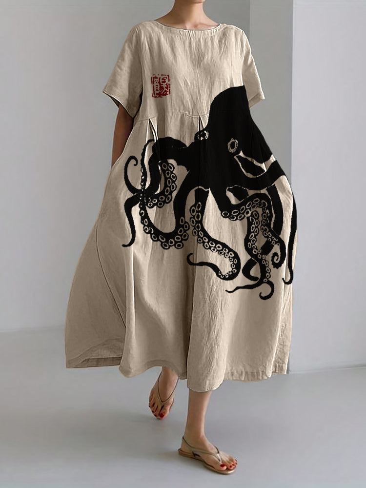 Levoire | Robe longue en lin mélangé avec motif japonais en lin Octopus Noir