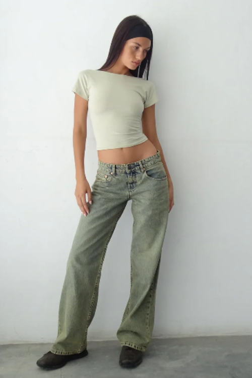 Levoire | Jean taille basse en denim extensible tendance pour femmes Gris Orange