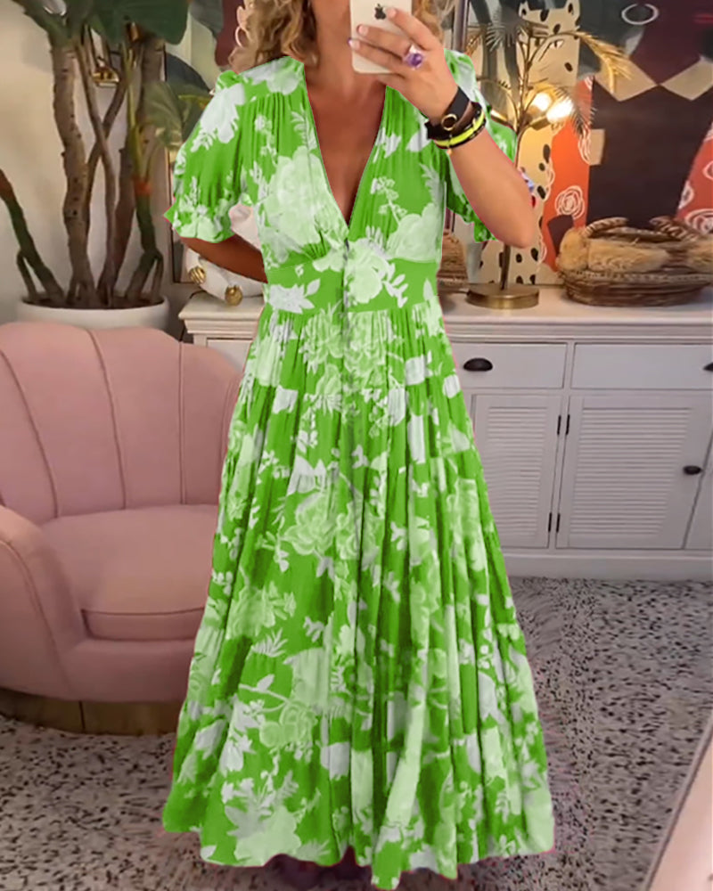 Levoire | Robe À Poches Imprimé Floral Décolleté En V Vert