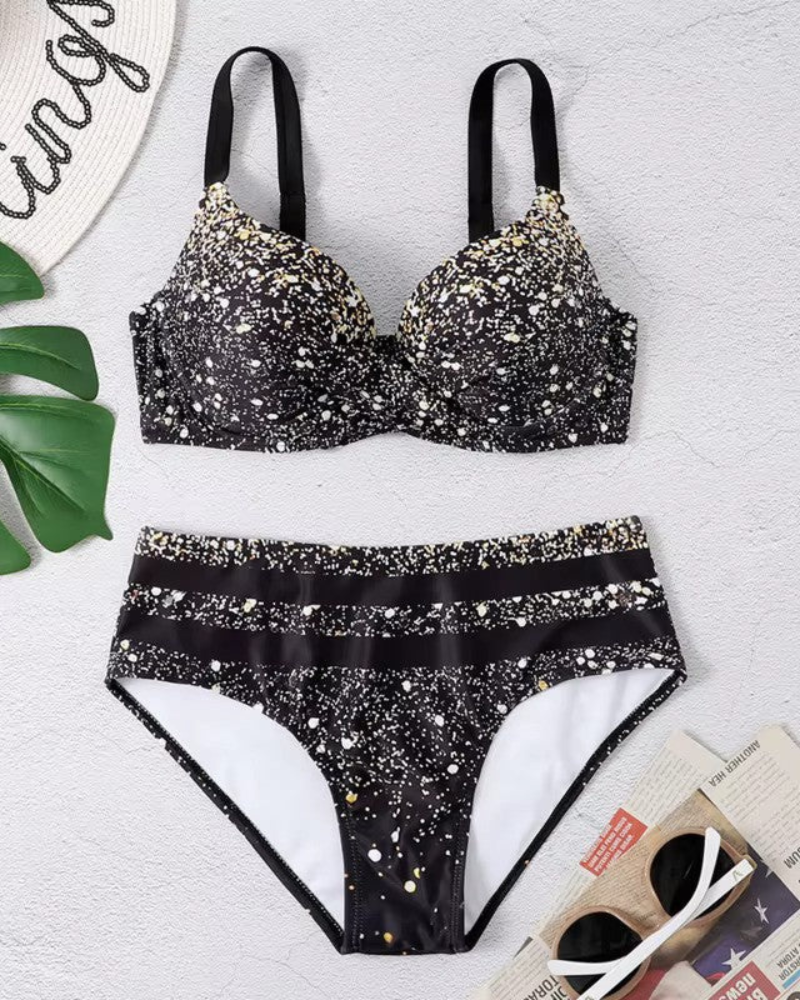 Levoire | Ensemble de bikini deux pièces pour femmes avec taille haute et imprimé de feuilles pour femmes Noir