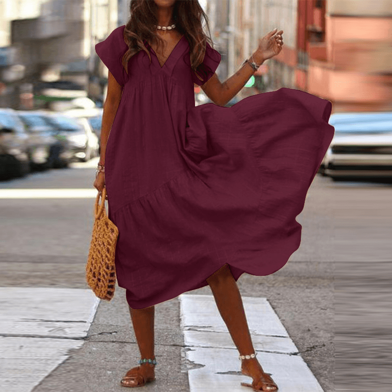 Levoire | Robe décontractée ample à col en V 100% coton pour femmes Vin rouge