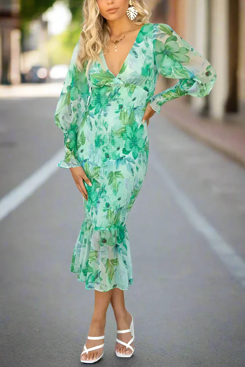 Levoire | Robe Midi À Volants Fleuris Vert foncé (Presque épuisé)