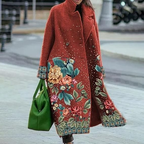 Levoire | Manteau en laine à manches longues avec col Motif floral (brun)