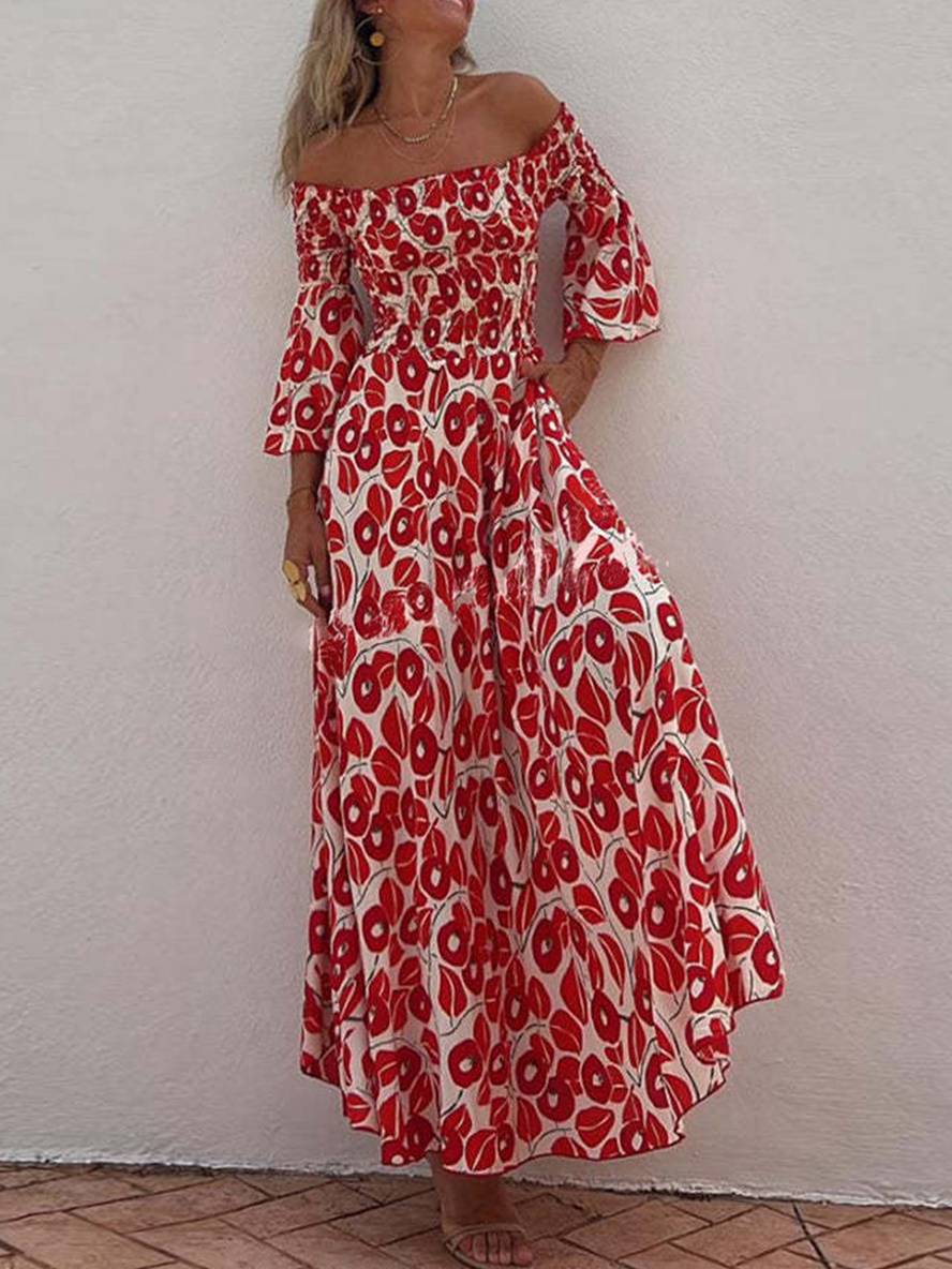 Levoire | Robe Longue À Imprimé Floral Avec Manches Évasées 3/4 Élégante Décontractée Hawaii Plage Casual