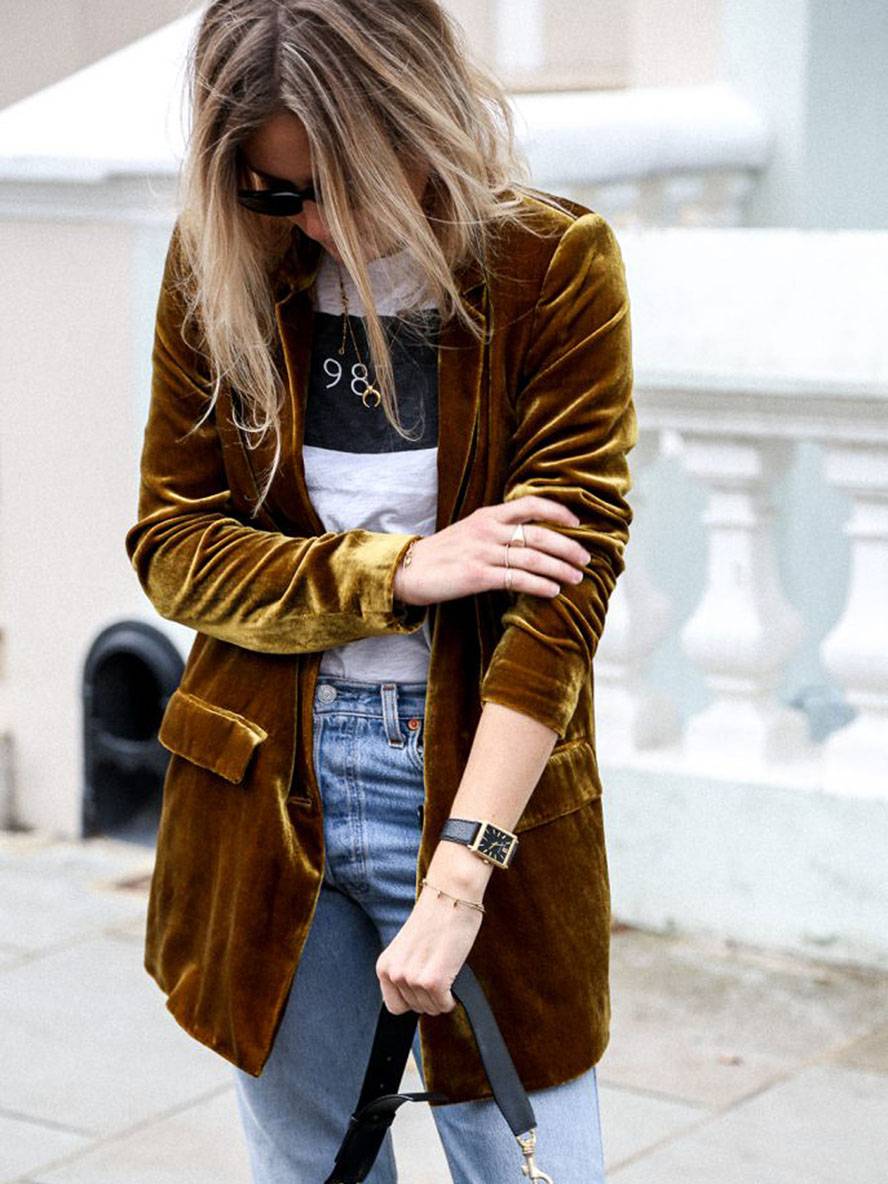 Levoire | Mi-Long Blazer En Velours Boutons Poches Manches Longues Femmes Mode Élégante Veste Jaune