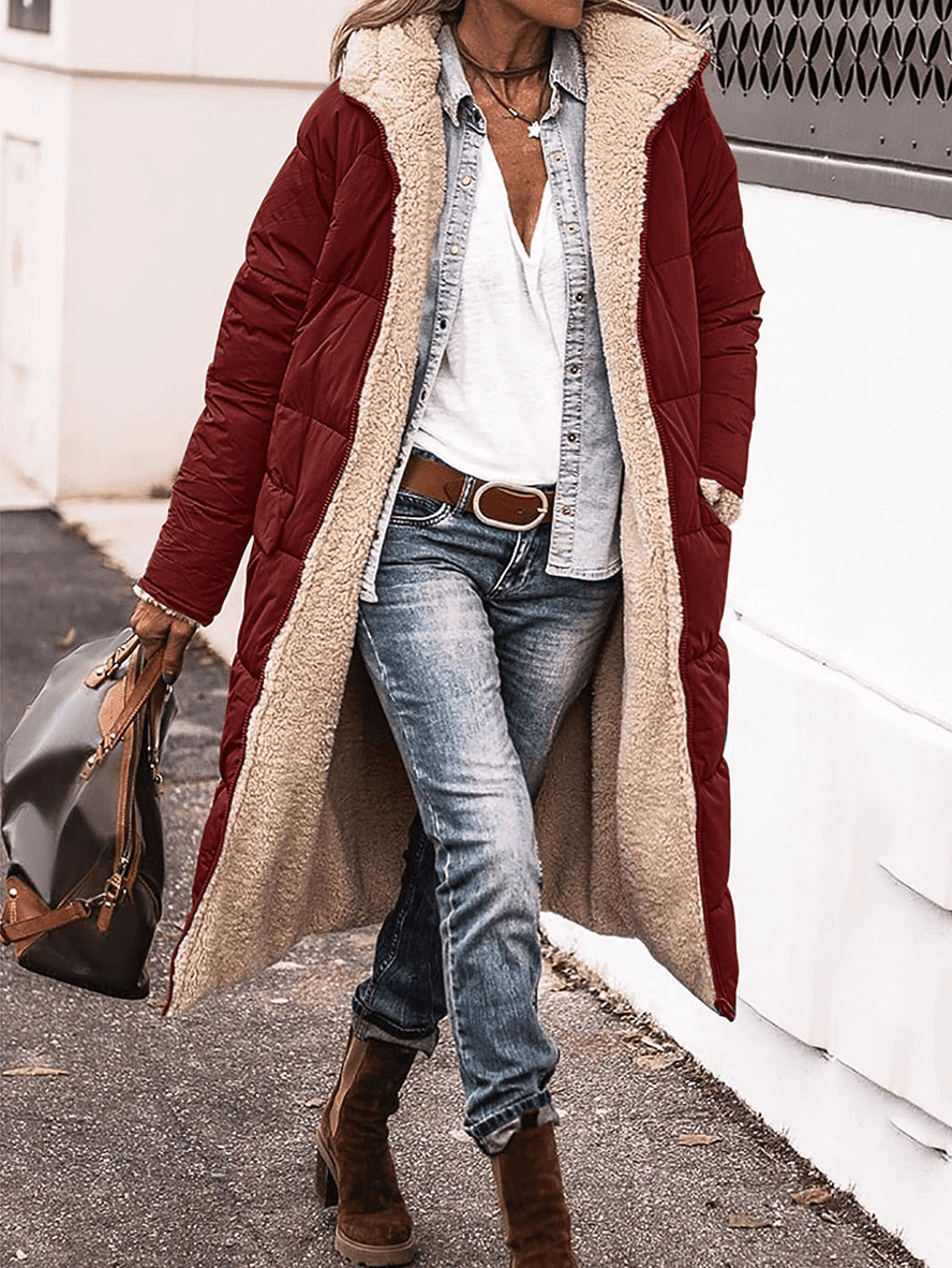 Levoire | Long Doudoune Manteau D'Hiver Avec Capuche Poches Fermeture Éclair Longues Manches Veste De Loisirs Pour Femmes Bordeaux