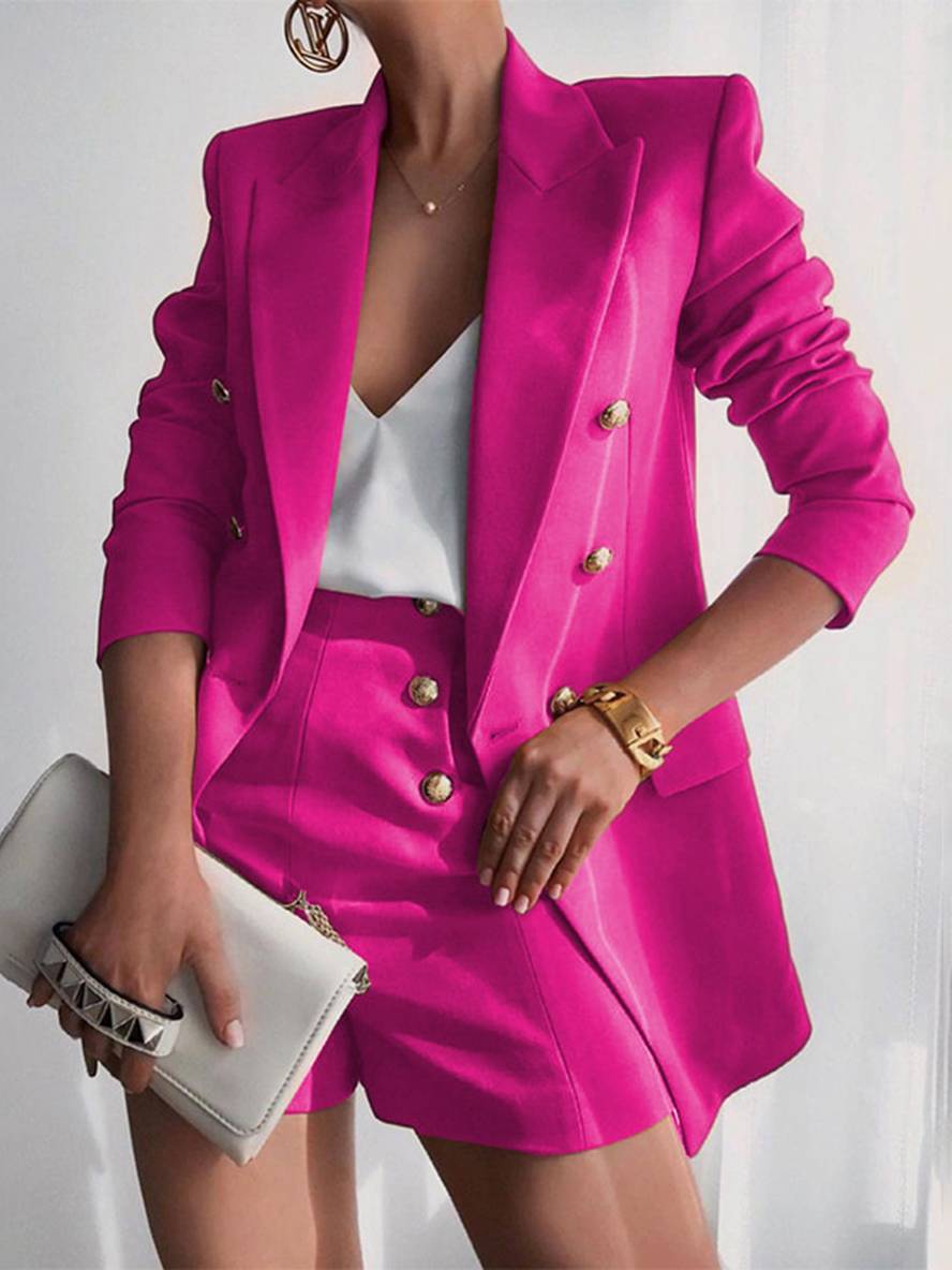Levoire | Ensemble De Blazer Avec Short À Double Boutonnage À Manches Longues Décontracté Pour Femmes Framboise