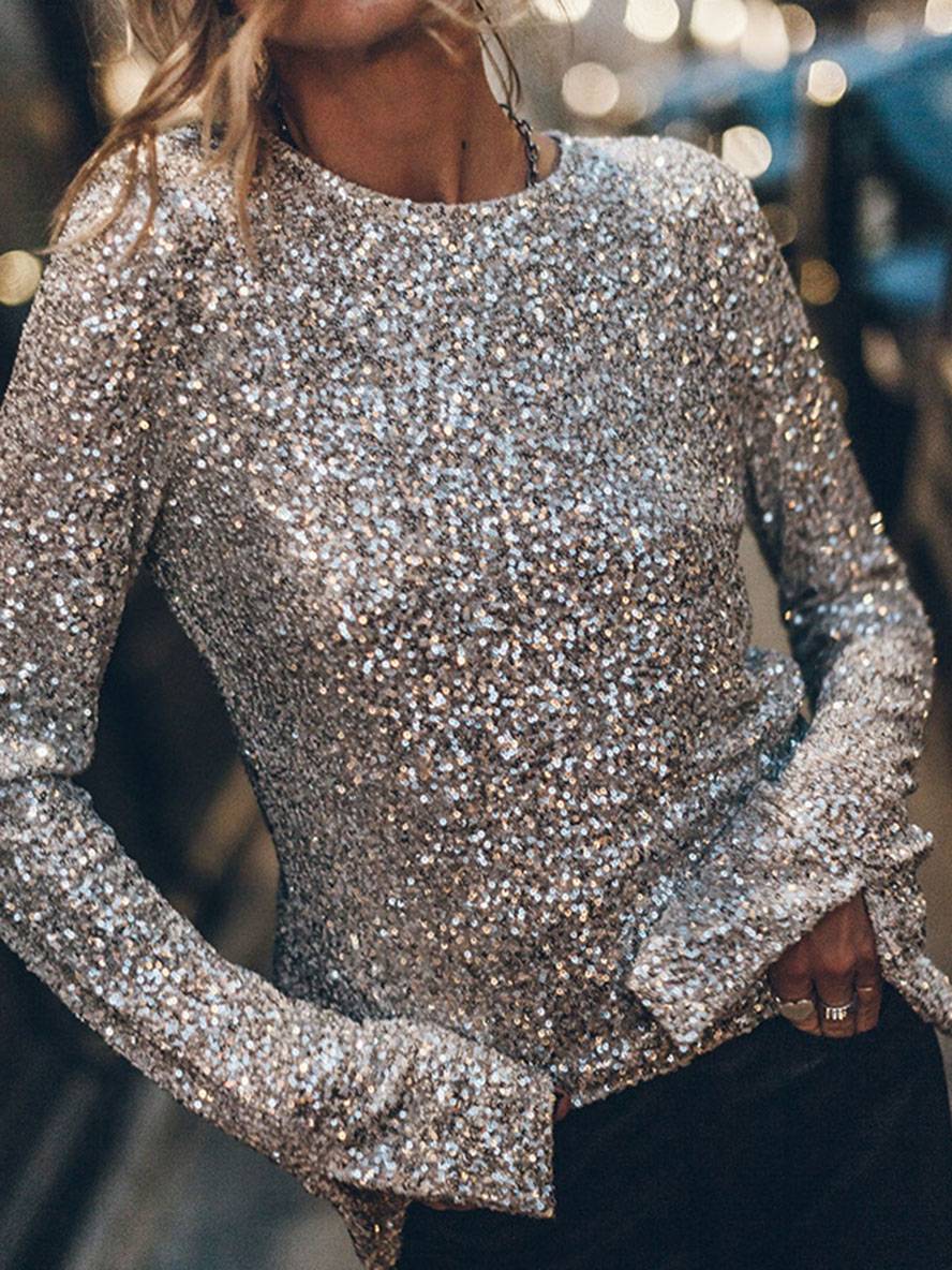 Levoire | T-Shirt Paillettes Brillantes Col Rond Sans Dos Avec Fente Manches Longues Élégant Décontracté Mode Huats Argent