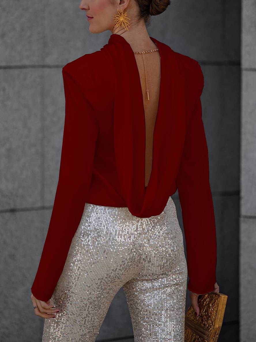 Levoire | Blouse Dos Ouvert Satin Sans Dossier Manches Longues Femme Élégant Décontracté Chemise Bordeaux