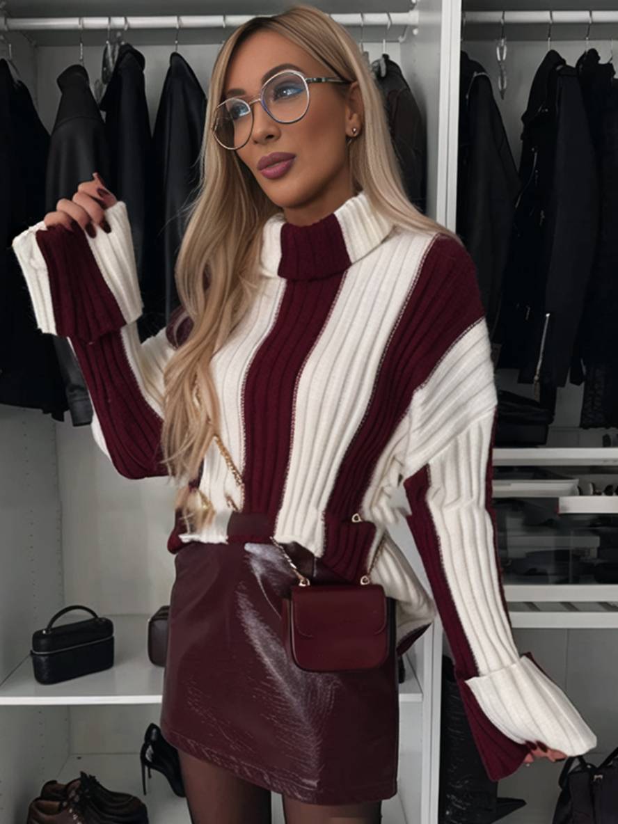 Levoire | Pull Rayé Col Montant Manches Longues Femmes Élégant Décontracté Mode Casual Hauts Bordeaux