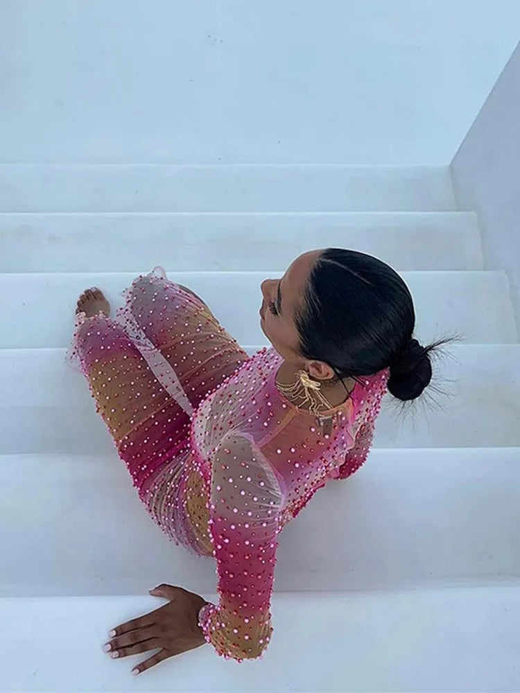 Levoire | Robe Longue À Manches Longues En Perle Filet Rose