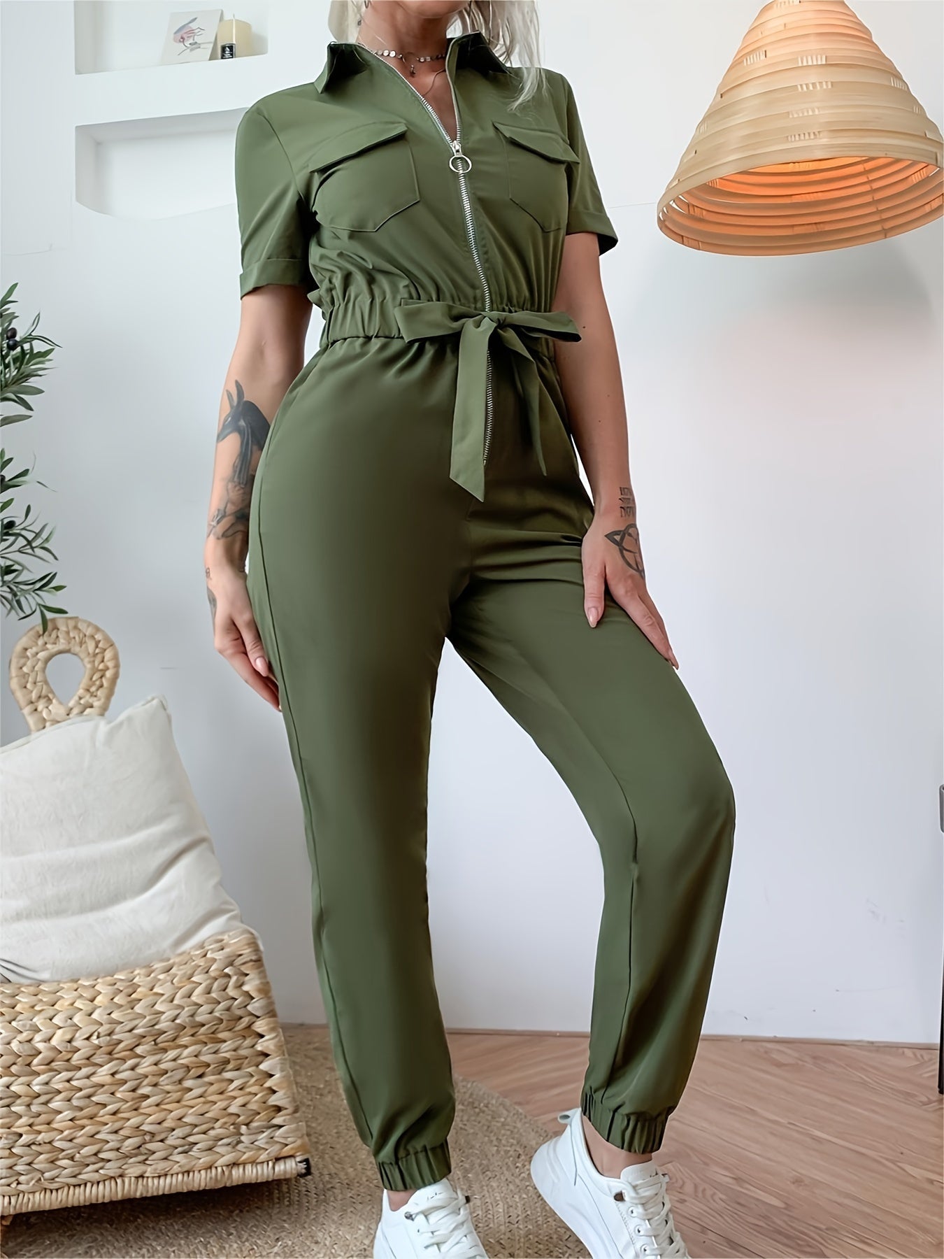 Levoire | Style Tailleur Jumpsuit Avec Fermeture Éclair Vert olive