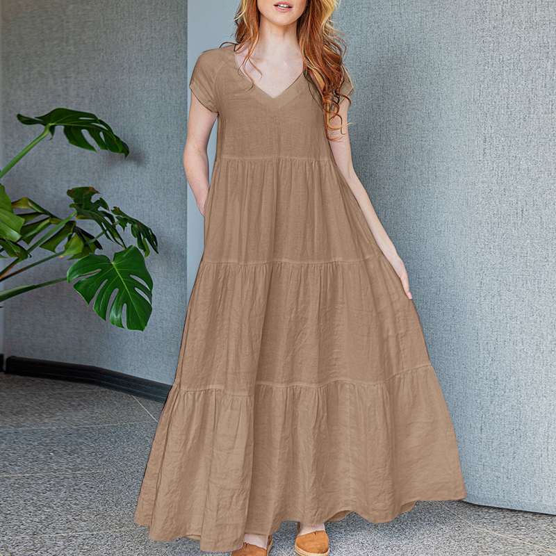 Levoire | Robe Maxi Élégante Avec Décolleté En V Et Manches Courtes Beige