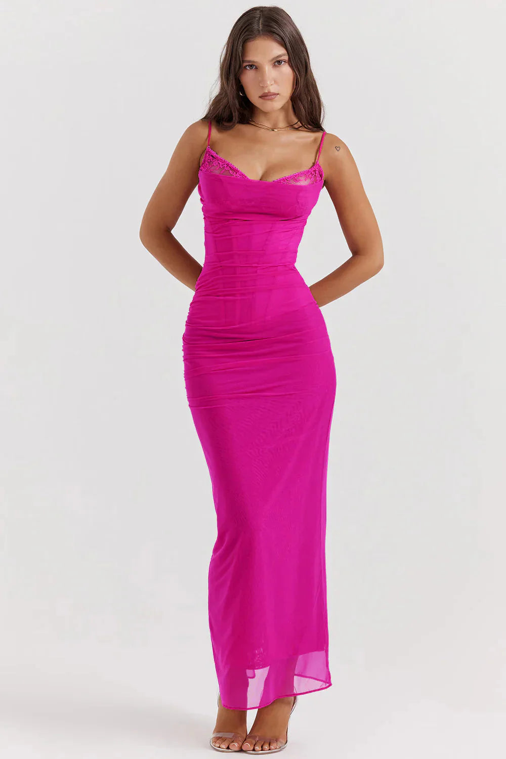 Levoire | Sans Manches Spaghetti Bretelles Robe Bodycon Robe Maxi Fuchsie