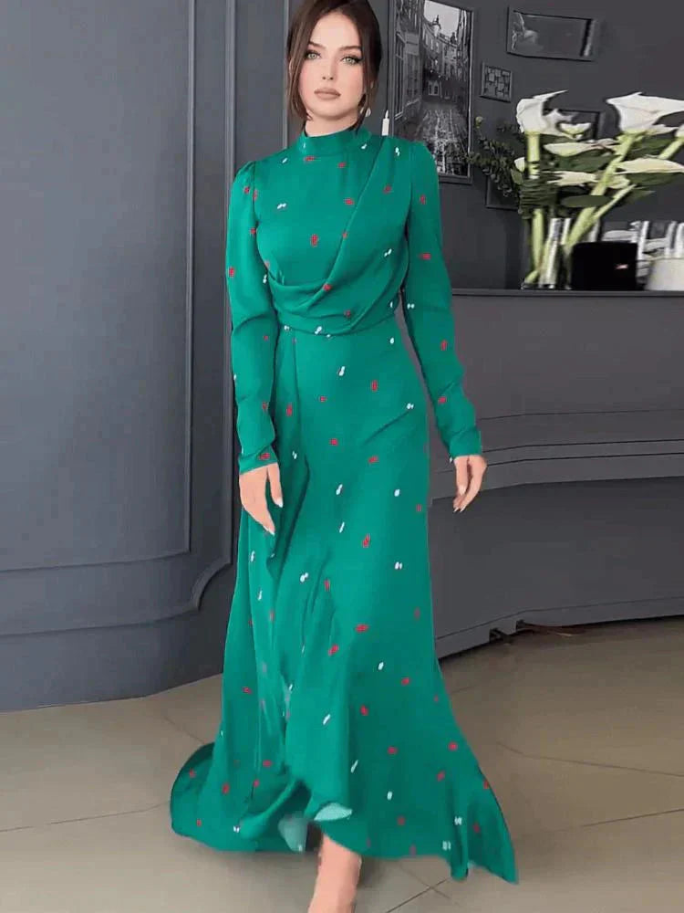 Levoire | Robe À Col Montant Élégant Avec Manches Longues Robe Longue Vert