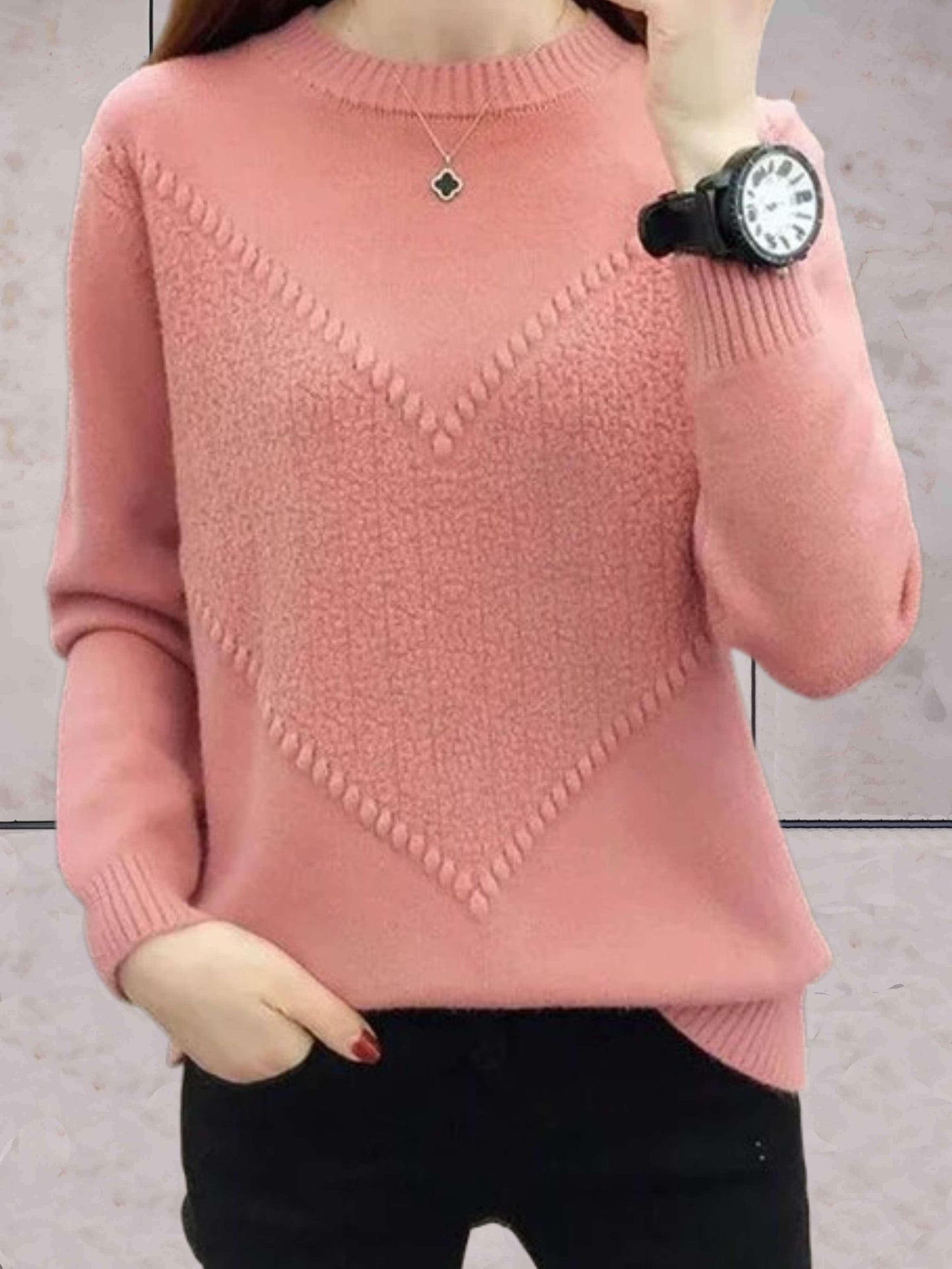 Levoire | Pull Tricoté Simple Avec Encolure Ronde Et Bords Côtes Rosa