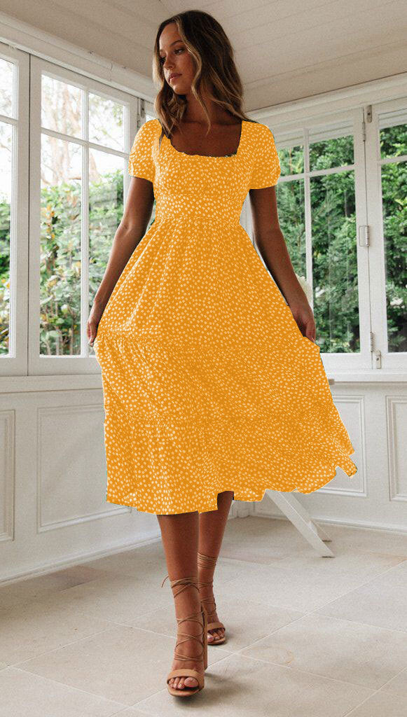 Levoire | Robe à fleurs Col carré Manches bouffantes Jaune