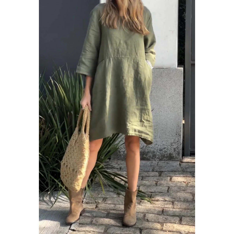 Levoire | Rento Non combiné Ample Poches Coton-Lin Robe Olive vert