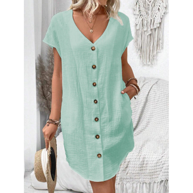 Levoire | Robe d'été à boutons en coton lin à décolleté V Vert