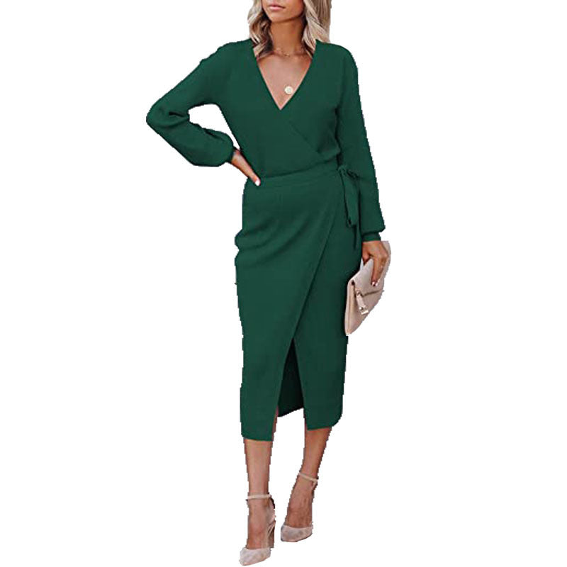 Levoire | Ylväs V-col en tricot robe longue Vert