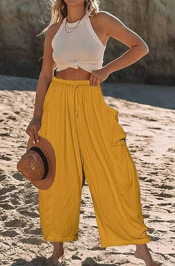 Levoire | Pantalon À Jambes Larges En Coton Et Lin Avec Taille Élastique Et Poches Jaune