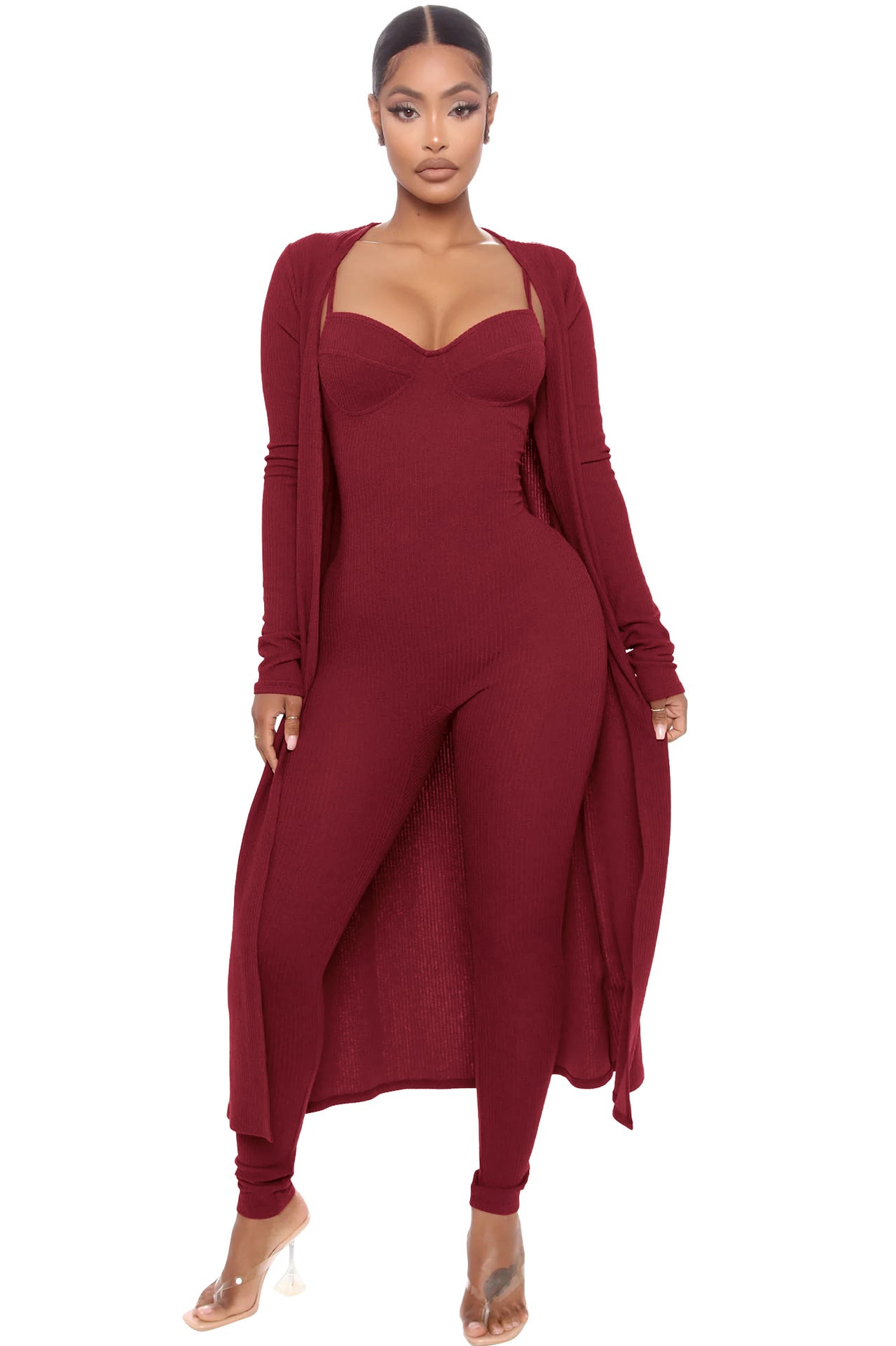 Levoire | Élégant Jumpsuit Deux Pièces Avec Long Manteau Bordeaux
