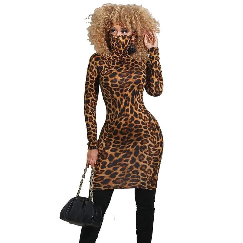 Levoire | robe sexy à col montant à manches longues ajustée courte Leopardi