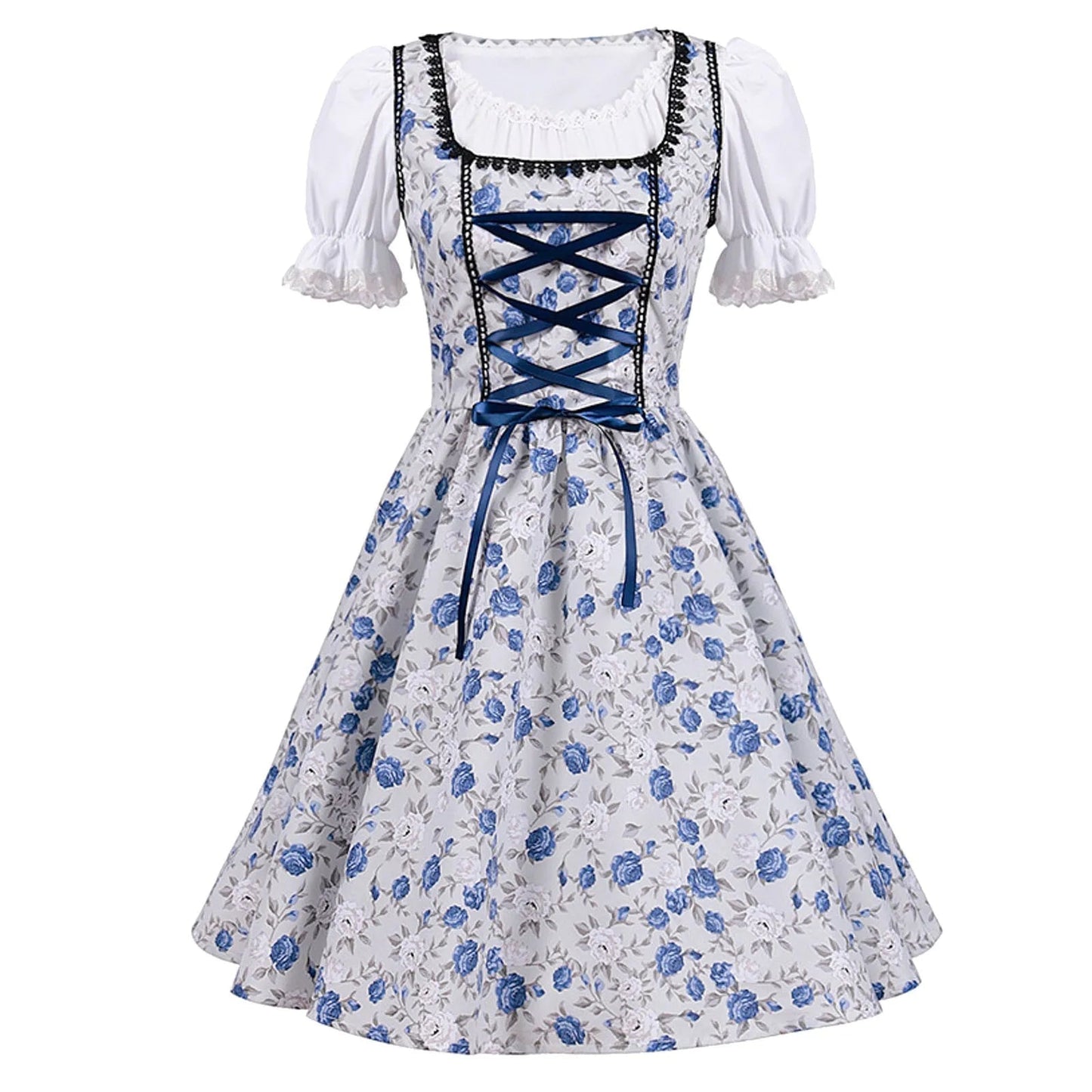 Levoire | Robe Oktoberfest À Manches Courtes En Dentelle Avec Tablier Blanc et Bleu